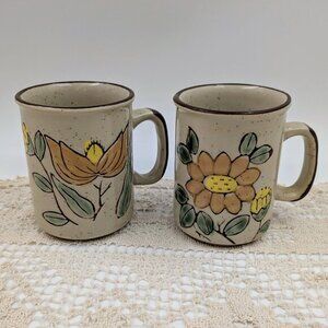 Pair of 1970s Otagiri Style Stoneware Earth Tone Floral Mugs